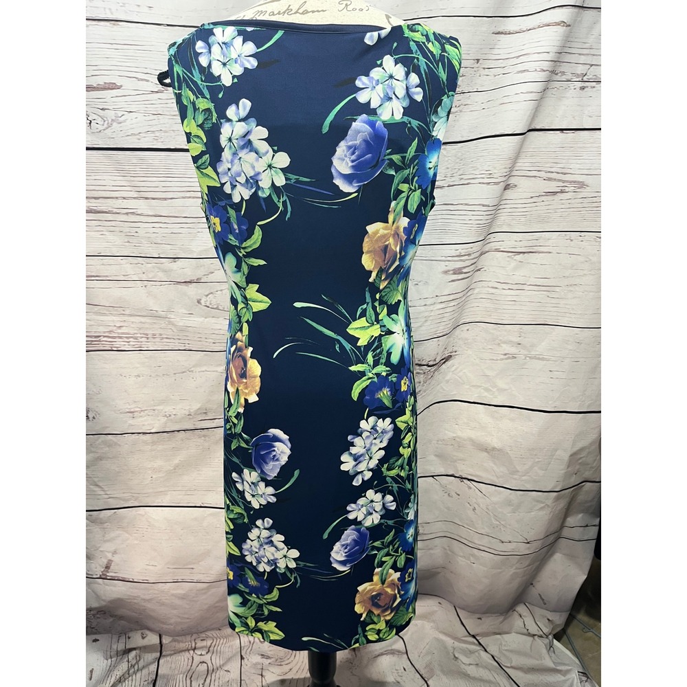 Connected Apparel Womens Floral Sheath Dress Navy Blue Ruched Sleeveless Size 14 - Picture 4 of 4